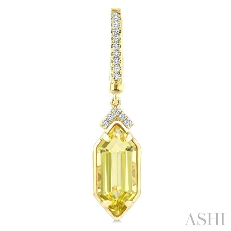 12X5 MM Hexagon Shape Lemon Quartz and 1/6 Ctw Round Cut Diamond Semi-Precious Earrings in 10K Yellow Gold