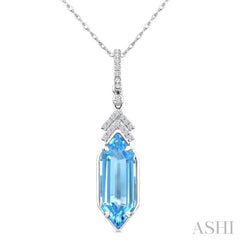 16X6 MM Hexagon Shape Blue Topaz and 1/10 Ctw Round Cut Diamond Semi-Precious Pendant With Chain in 10K White Gold