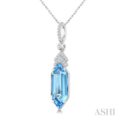 16X6 MM Hexagon Shape Blue Topaz and 1/10 Ctw Round Cut Diamond Semi-Precious Pendant With Chain in 10K White Gold