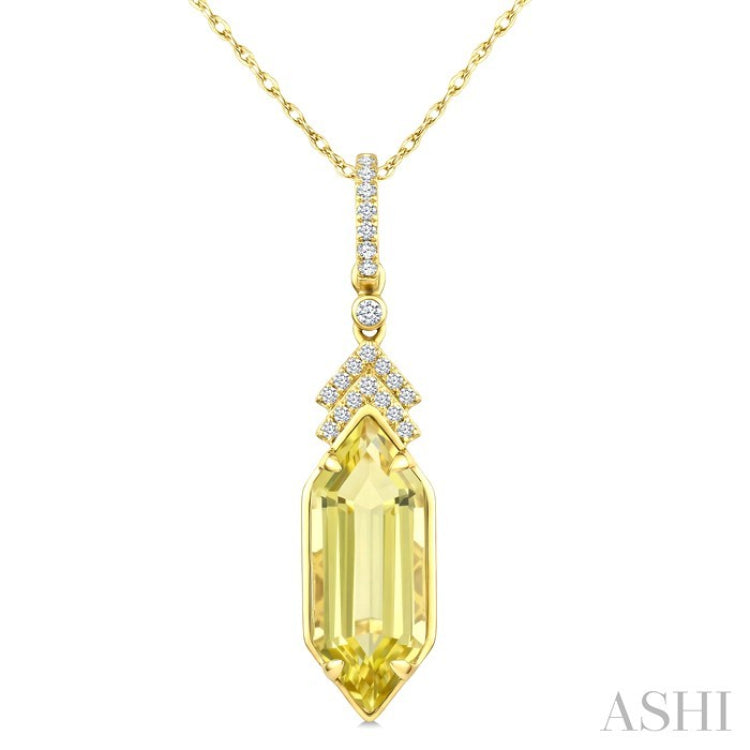16X6 MM Hexagon Shape Lemon Quartz and 1/10 Ctw Round Cut Diamond Semi-Precious Pendant With Chain in 10K Yellow Gold