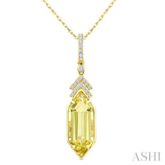16X6 MM Hexagon Shape Lemon Quartz and 1/10 Ctw Round Cut Diamond Semi-Precious Pendant With Chain in 10K Yellow Gold