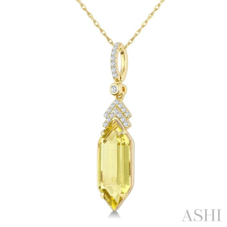 16X6 MM Hexagon Shape Lemon Quartz and 1/10 Ctw Round Cut Diamond Semi-Precious Pendant With Chain in 10K Yellow Gold