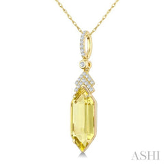 16X6 MM Hexagon Shape Lemon Quartz and 1/10 Ctw Round Cut Diamond Semi-Precious Pendant With Chain in 10K Yellow Gold