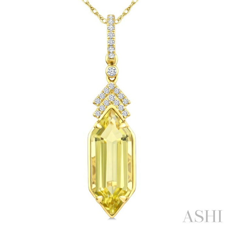 16X6 MM Hexagon Shape Lemon Quartz and 1/10 Ctw Round Cut Diamond Semi-Precious Pendant With Chain in 10K Yellow Gold