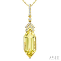 16X6 MM Hexagon Shape Lemon Quartz and 1/10 Ctw Round Cut Diamond Semi-Precious Pendant With Chain in 10K Yellow Gold