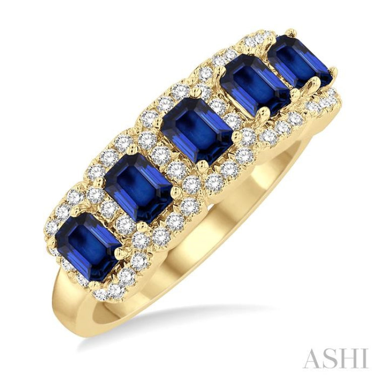 4x3 MM Emerald Shape Sapphire and 1/2 Ctw Round Cut Diamond Precious Wedding Band in 14K Yellow Gold