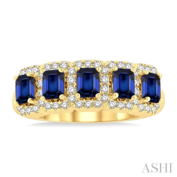 4x3 MM Emerald Shape Sapphire and 1/2 Ctw Round Cut Diamond Precious Wedding Band in 14K Yellow Gold