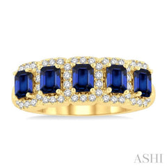 4x3 MM Emerald Shape Sapphire and 1/2 Ctw Round Cut Diamond Precious Wedding Band in 14K Yellow Gold