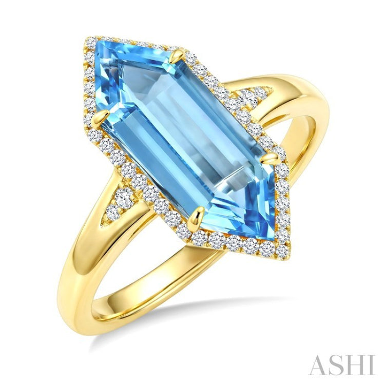 16X6 MM Hexagon Shape Blue Topaz and 1/5 Ctw Round Cut Diamond Semi-Precious Ring in 10K Yellow Gold