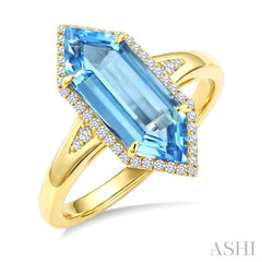 16X6 MM Hexagon Shape Blue Topaz and 1/5 Ctw Round Cut Diamond Semi-Precious Ring in 10K Yellow Gold