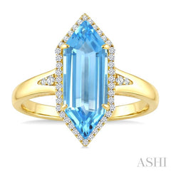 16X6 MM Hexagon Shape Blue Topaz and 1/5 Ctw Round Cut Diamond Semi-Precious Ring in 10K Yellow Gold