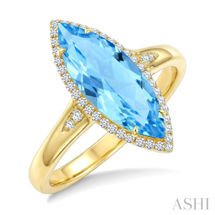 16X7 MM Marquise Shape Blue Topaz and 1/6 Ctw Round Cut Diamond Semi-Precious Ring in 10K Yellow Gold
