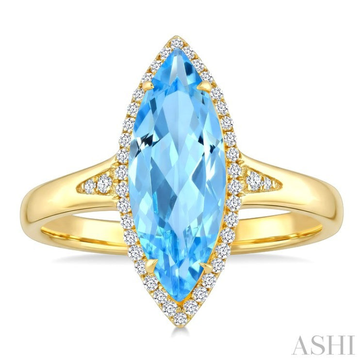 16X7 MM Marquise Shape Blue Topaz and 1/6 Ctw Round Cut Diamond Semi-Precious Ring in 10K Yellow Gold