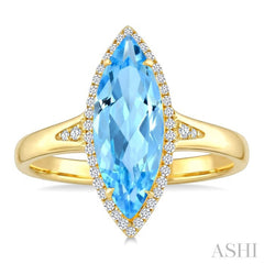16X7 MM Marquise Shape Blue Topaz and 1/6 Ctw Round Cut Diamond Semi-Precious Ring in 10K Yellow Gold