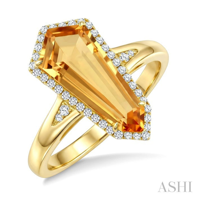 16X7 MM Shield Shape Citrine and 1/6 Ctw Round Cut Diamond Semi-Precious Ring in 10K Yellow Gold