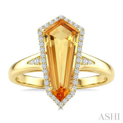 16X7 MM Shield Shape Citrine and 1/6 Ctw Round Cut Diamond Semi-Precious Ring in 10K Yellow Gold