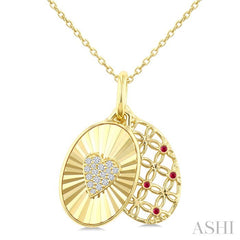 1 MM Round Cut Ruby and 1/10 Ctw Round Cut Diamond Fluted Heart Shaped Precious Pendant with Chain in 10K Yellow Gold