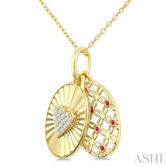 1 MM Round Cut Ruby and 1/10 Ctw Round Cut Diamond Fluted Heart Shaped Precious Pendant with Chain in 10K Yellow Gold