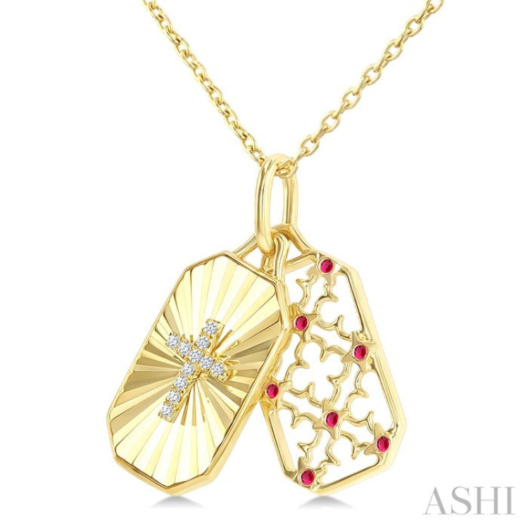 1 MM Round Ruby and 1/50 Ctw Fluted Texture & Cross Round Cut Diamond Precious Pendant With Chain in 10K Yellow Gold