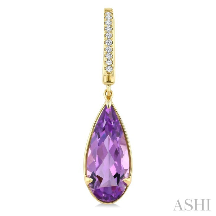 14X6 MM Pear Shape Amethyst and 1/10 Ctw Round Cut Diamond Semi-Precious Earrings in 14K Yellow Gold