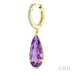 14X6 MM Pear Shape Amethyst and 1/10 Ctw Round Cut Diamond Semi-Precious Earrings in 14K Yellow Gold