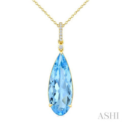 22X8 MM Pear Shape Blue Topaz and 1/20 Ctw Round Cut Diamond Semi-Precious Pendant With Chain in 14K Yellow Gold