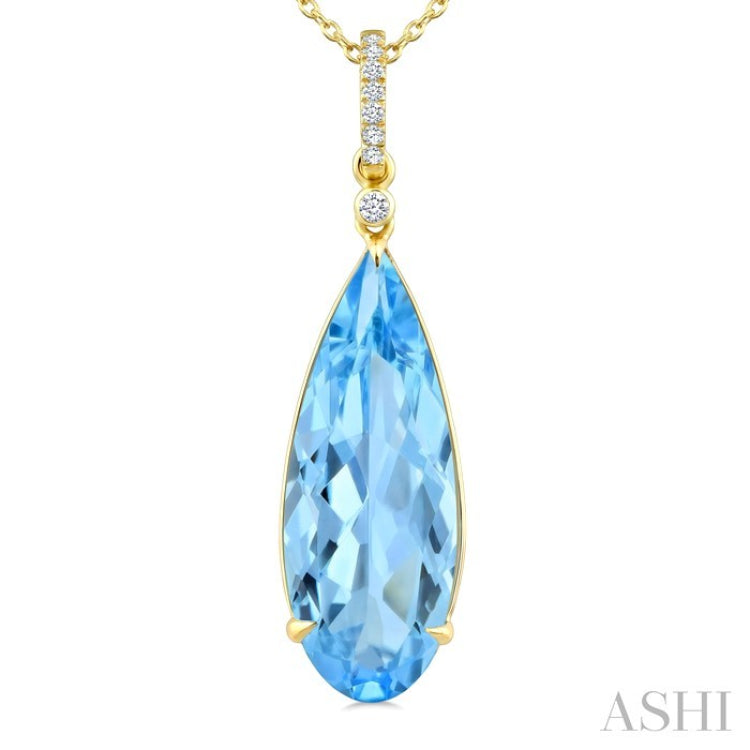 22X8 MM Pear Shape Blue Topaz and 1/20 Ctw Round Cut Diamond Semi-Precious Pendant With Chain in 14K Yellow Gold