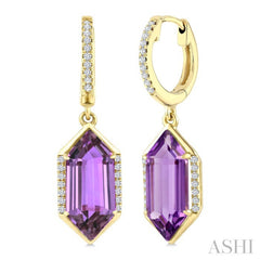 14X6 MM Hexagon Shape Amethyst and 1/5 Ctw Round Cut Diamond Semi-Precious Earrings in 14K Yellow Gold