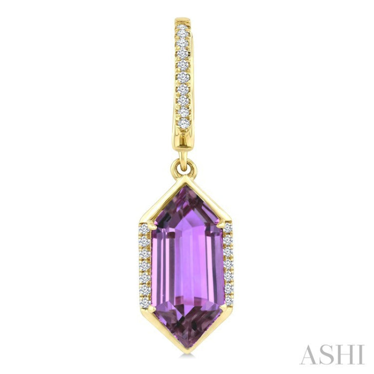 14X6 MM Hexagon Shape Amethyst and 1/5 Ctw Round Cut Diamond Semi-Precious Earrings in 14K Yellow Gold