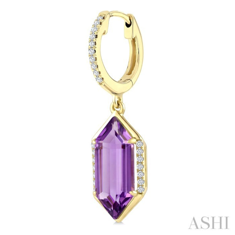14X6 MM Hexagon Shape Amethyst and 1/5 Ctw Round Cut Diamond Semi-Precious Earrings in 14K Yellow Gold