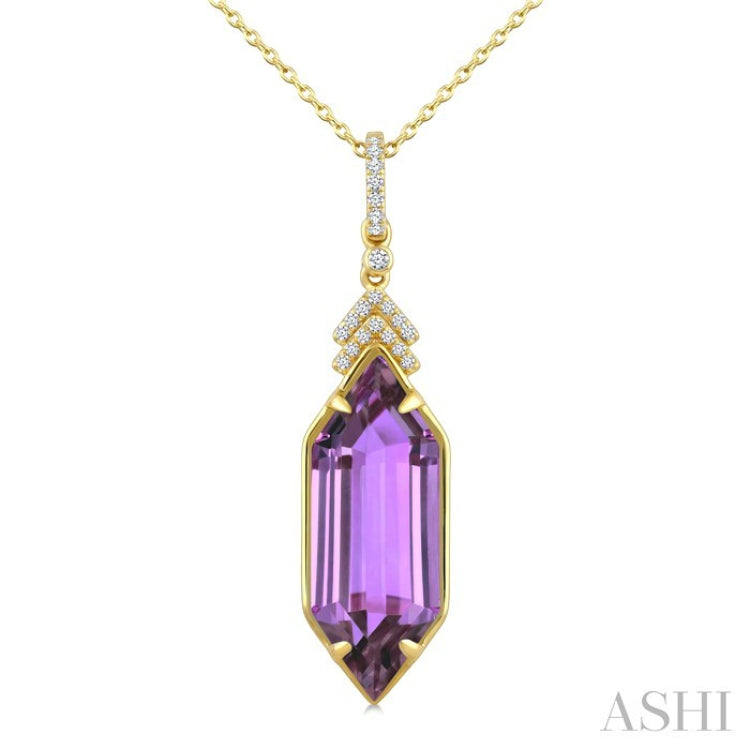 22X8 MM Hexagon Shape Amethyst and 1/10 Ctw Round Cut Diamond Semi-Precious Pendant With Chain in 14K Yellow Gold