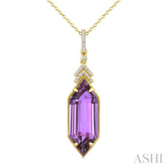 22X8 MM Hexagon Shape Amethyst and 1/10 Ctw Round Cut Diamond Semi-Precious Pendant With Chain in 14K Yellow Gold