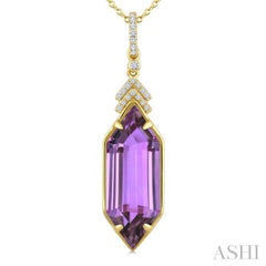 22X8 MM Hexagon Shape Amethyst and 1/10 Ctw Round Cut Diamond Semi-Precious Pendant With Chain in 14K Yellow Gold