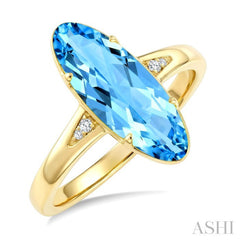 16X6 MM Oval Shape Blue Topaz and 1/50 Ctw Round Cut Diamond Semi-Precious Ring in 10K Yellow Gold