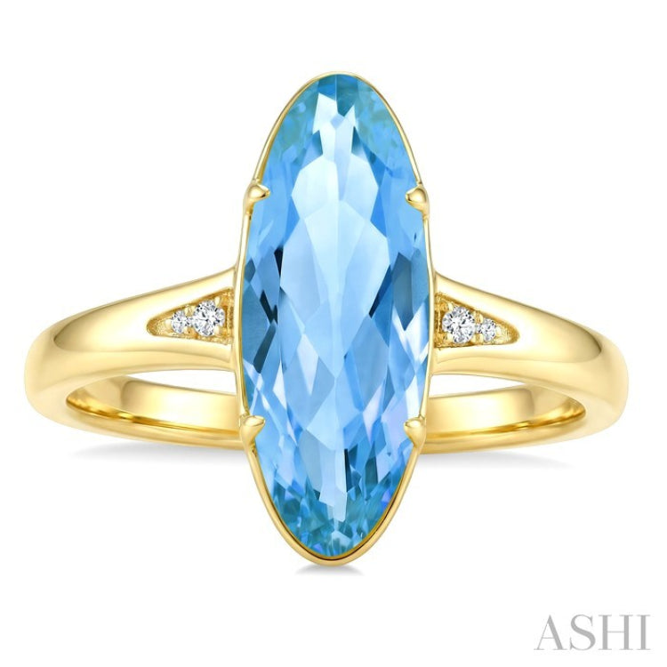 16X6 MM Oval Shape Blue Topaz and 1/50 Ctw Round Cut Diamond Semi-Precious Ring in 10K Yellow Gold