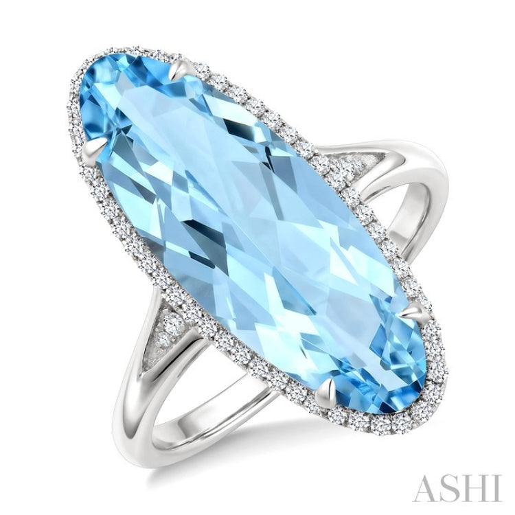 22X8 MM Oval Shape Blue Topaz and 1/5 Ctw Round Cut Diamond Semi-Precious Ring in 14K White Gold