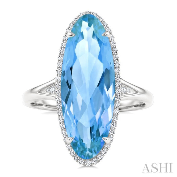 22X8 MM Oval Shape Blue Topaz and 1/5 Ctw Round Cut Diamond Semi-Precious Ring in 14K White Gold