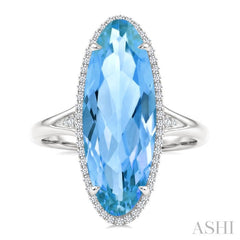 22X8 MM Oval Shape Blue Topaz and 1/5 Ctw Round Cut Diamond Semi-Precious Ring in 14K White Gold