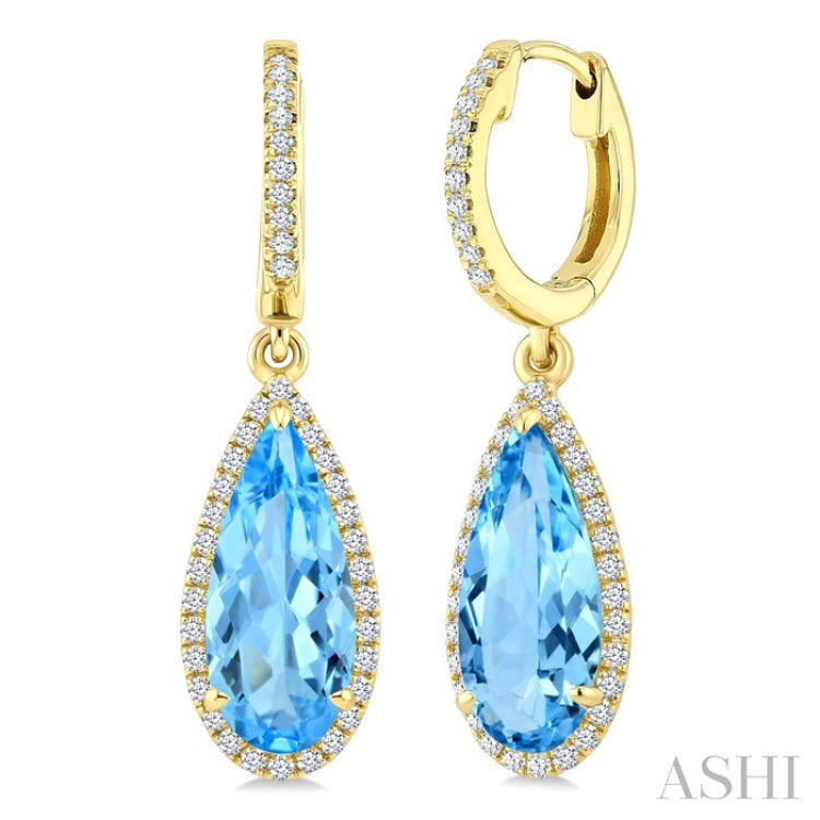 12X5 MM Pear Shape Blue Topaz and 1/3 Ctw Round Cut Diamond Semi-Precious Earrings in 10K Yellow Gold