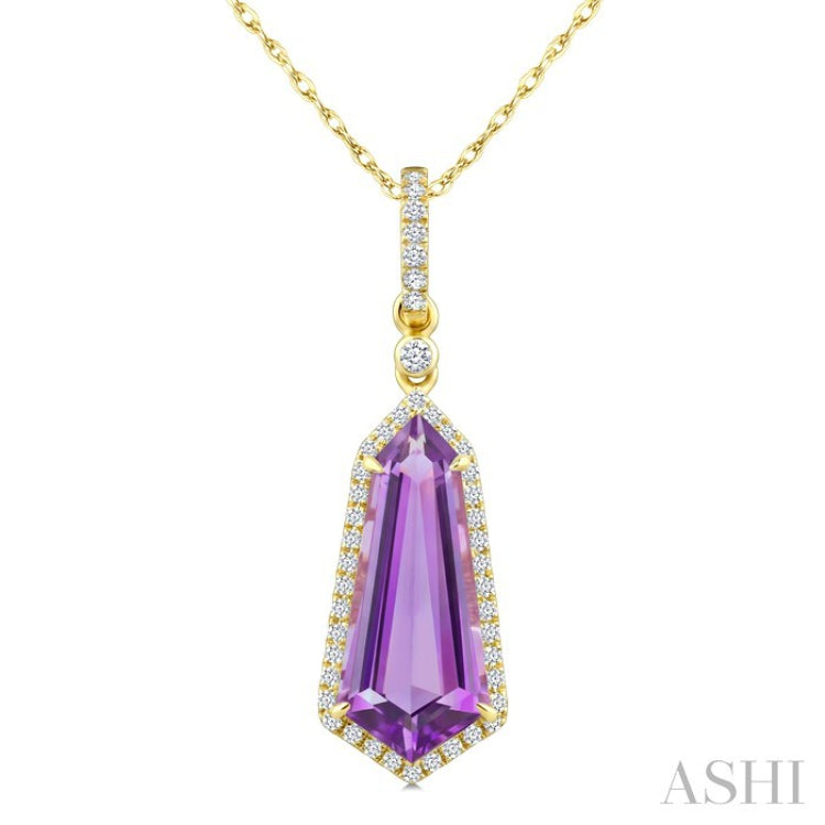 16X7 MM Shield Shape Amethyst and 1/5 Ctw Round Cut Diamond Semi-Precious Pendant With Chain in 10K Yellow Gold