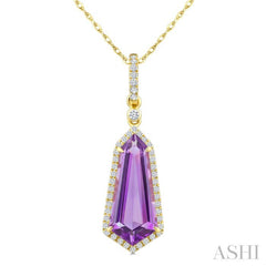 16X7 MM Shield Shape Amethyst and 1/5 Ctw Round Cut Diamond Semi-Precious Pendant With Chain in 10K Yellow Gold