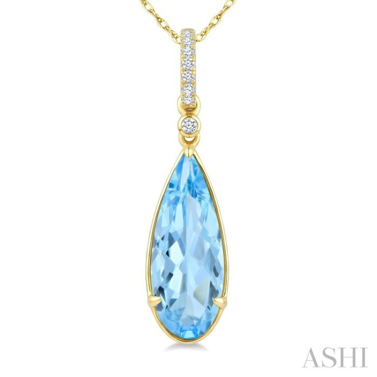 16X6 MM Pear Shape Blue Topaz and 1/20 Ctw Round Cut Diamond Semi-Precious Pendant With Chain in 10K Yellow Gold