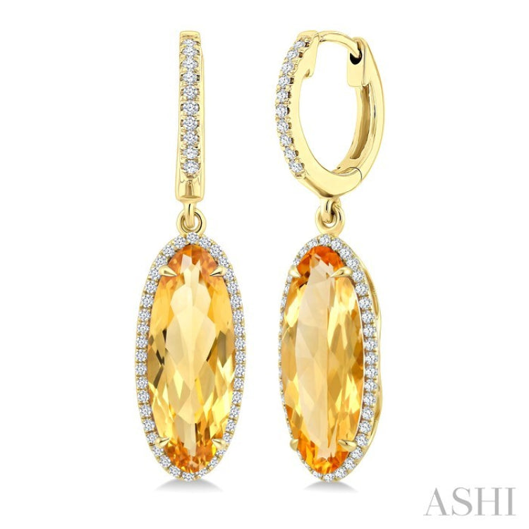 16X6 MM Oval Shape Citrine and 3/8 Ctw Round Cut Diamond Semi-Precious Earrings in 14K Yellow Gold