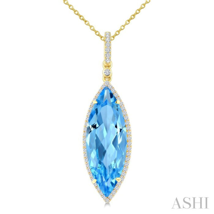22X8 MM Marquise Shape Blue Topaz and 1/4 Ctw Round Cut Diamond Semi-Precious Pendant With Chain in 14K Yellow Gold