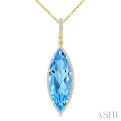 22X8 MM Marquise Shape Blue Topaz and 1/4 Ctw Round Cut Diamond Semi-Precious Pendant With Chain in 14K Yellow Gold
