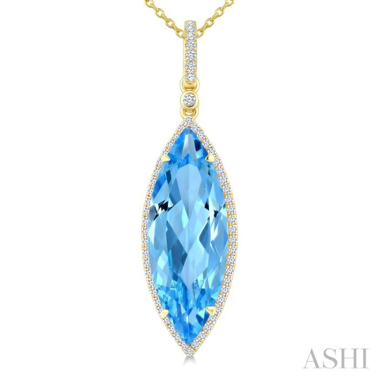 22X8 MM Marquise Shape Blue Topaz and 1/4 Ctw Round Cut Diamond Semi-Precious Pendant With Chain in 14K Yellow Gold