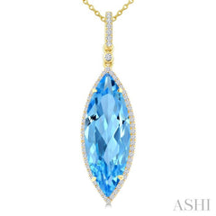 22X8 MM Marquise Shape Blue Topaz and 1/4 Ctw Round Cut Diamond Semi-Precious Pendant With Chain in 14K Yellow Gold
