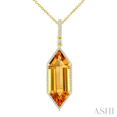 22X8 MM Hexagon Shape Citrine and 1/4 Ctw Round Cut Diamond Semi-Precious Pendant With Chain in 14K Yellow Gold