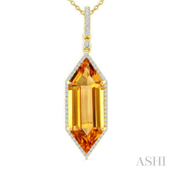 22X8 MM Hexagon Shape Citrine and 1/4 Ctw Round Cut Diamond Semi-Precious Pendant With Chain in 14K Yellow Gold