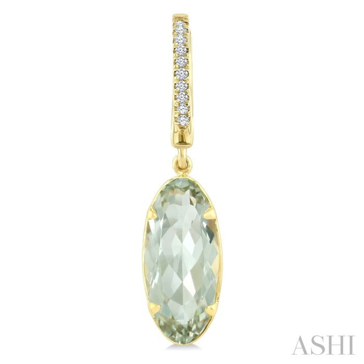 14X6 MM Oval Shape Green Amethyst and 1/10 Ctw Round Cut Diamond Semi-Precious Earrings in 14K Yellow Gold